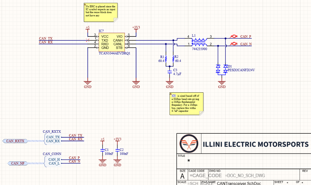 Complete CAN transceiver reuse schematic developed as an output of the filtering and bus-loading trade study