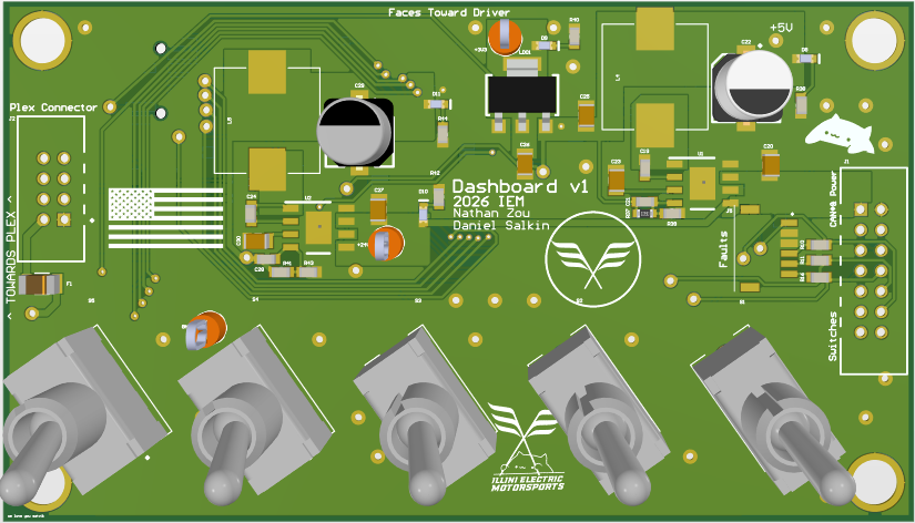 Front 3D view of the Dash PCB with auxiliary switches and mounted components