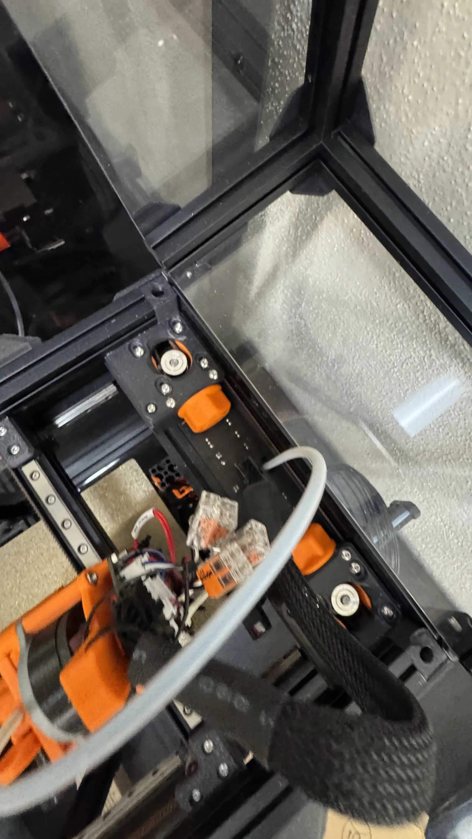 Close-up of the Voron toolhead wiring and gantry